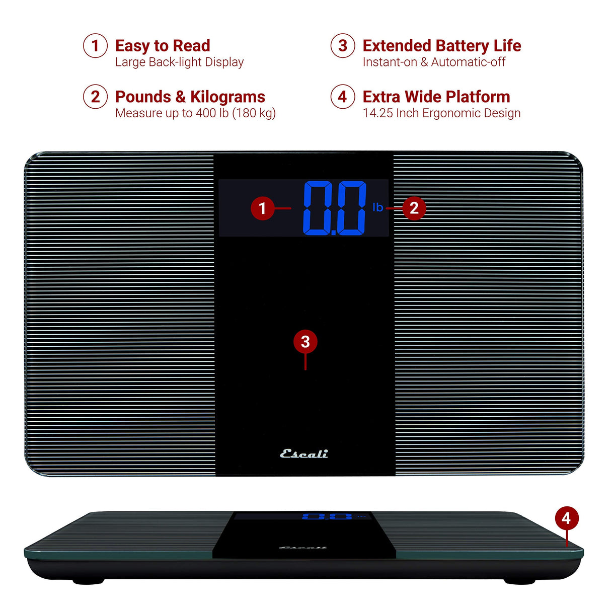 Escali Extra Wide Digital Bathroom Scale for Body Weight with Wide Platform for Natural Stance and Stability, High Capacity of 400 lb, Batteries Included