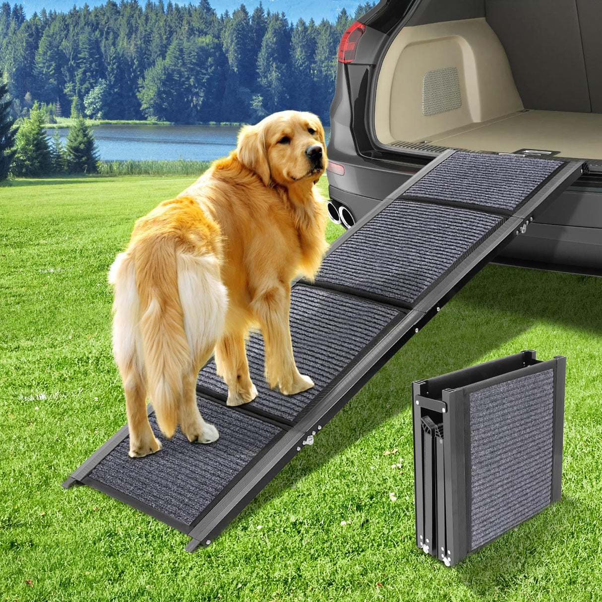GaliGali Dog Ramp for Car, Portable Folding Pet Stair Ramp with Non-Slip Carpet, 62" Long & 19.7" Wide, Wider Dog Ramp Allow Medium to Large Dog Up to 250 lbs to Enter Car SUV Truck NO.GALILVTI160