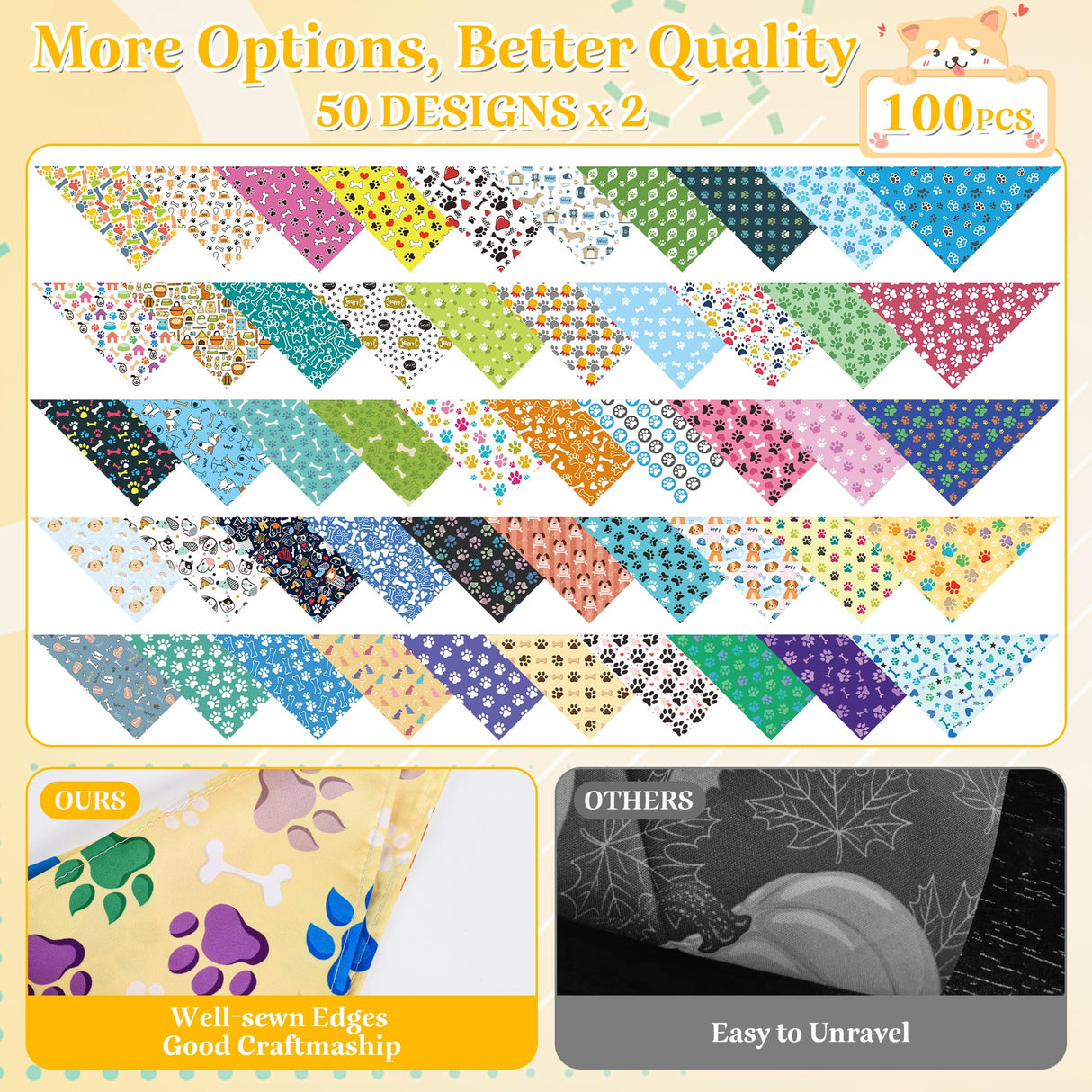 Cresue 100 Pcs Funny Dog Bandanas Bulk Cute Pet Scarves Paw and Bone Print Adjustable Bibs for X-M-L Dogs Washable Daily Puppy Kerchief for Groomers Shelters