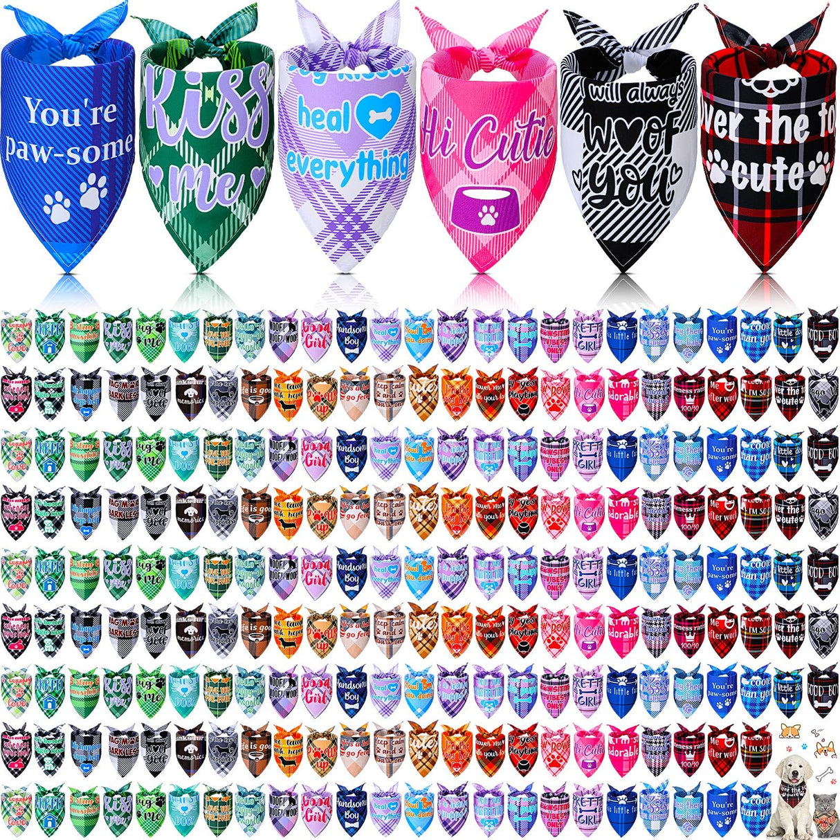 Locmeo 200 Pcs Dog Bandana Bulk Summer Plaid Grooming Pet Bandanas with Cute Sayings for Small to Large Dog Puppy Scarf Spring Holiday Costume Birthday Supplies for Small to Large Cats(Adorable Style)