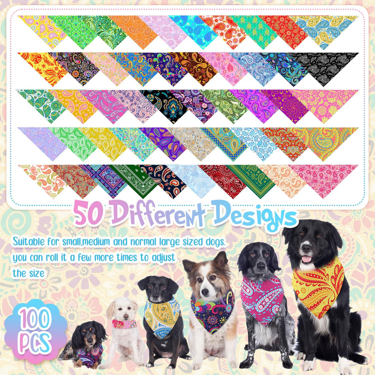 Sanwuta 100 Pcs Paisley Dog Bandana Bulk Pet Triangle Scarf Bibs Bandanas for Dogs Washable Puppy Kerchief Adjustable Grooming Supplies for Small Medium Large Seasonal Cat Costume Accessories