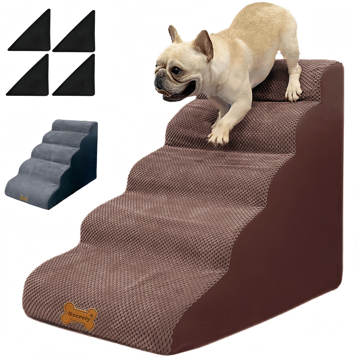 Dog Stairs & Pet Ramp for Small/Large Dogs to High Beds/Couches - 5 Steps 24-inch Height for 18-30 inch Furniture, 2 Washable Covers (Brown, Grey), Non-Slip Balanced 33D Design for Old Dogs & Cats