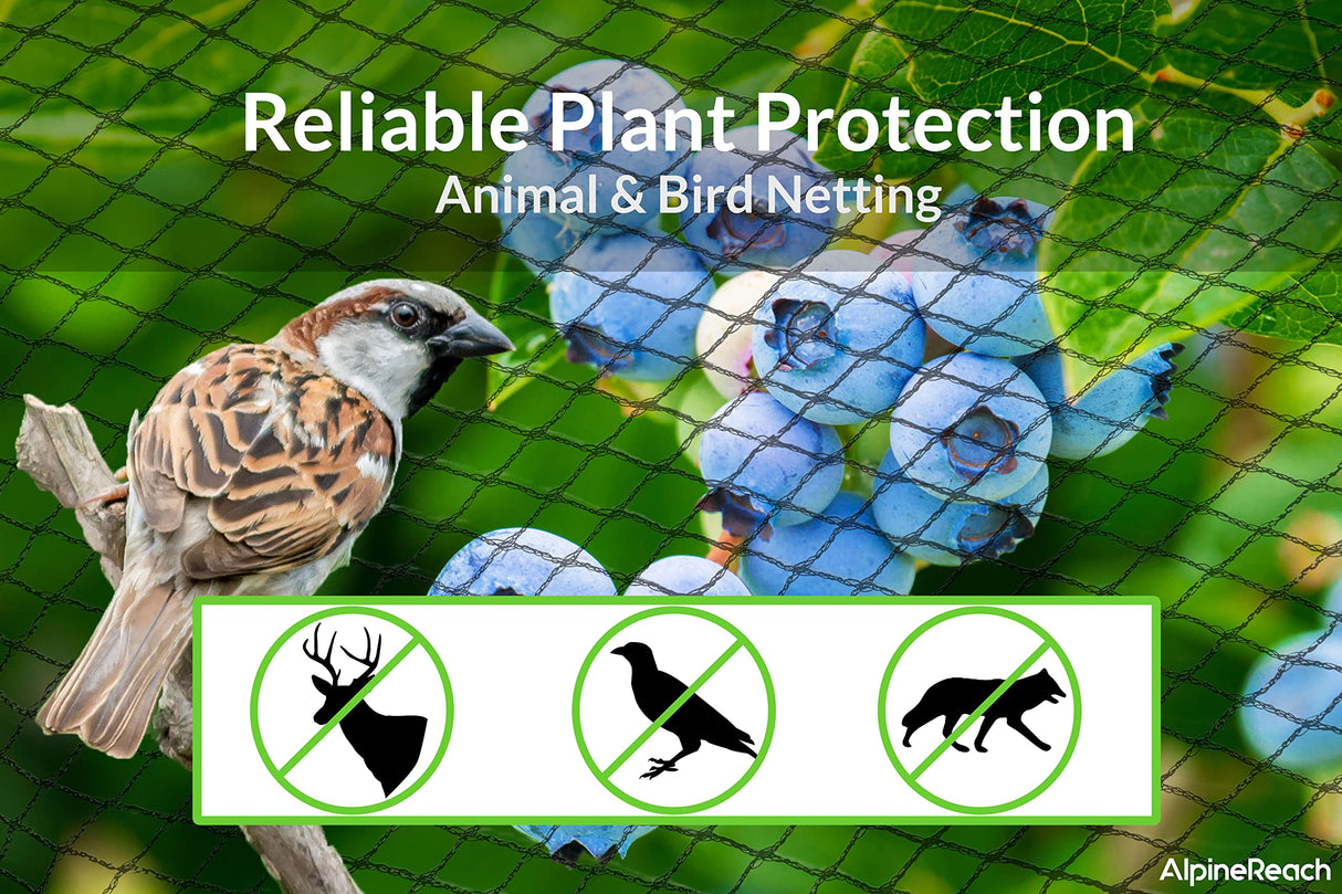 AlpineReach Garden Netting 15 x 50 ft Heavy Duty Plant Protection, Extra Strong Woven Mesh Net for Birds Deer Animals, Reusable Kit with Zip Ties, Fencing for Fruits Trees, Black