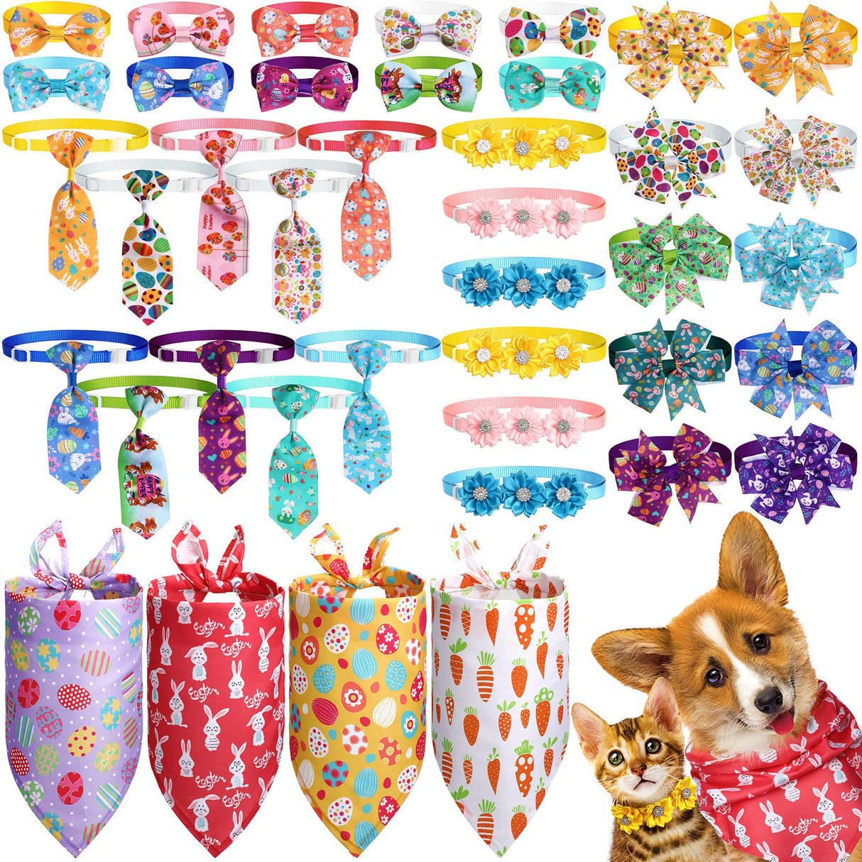 40 Pcs Easter Dog Bow Ties Set 26 Easter Gifts Pet Bowties 10 Pet Ties 4 Puppy Bandanas Dog Grooming Accessories for Bunny Cat Puppy (Egg Style)
