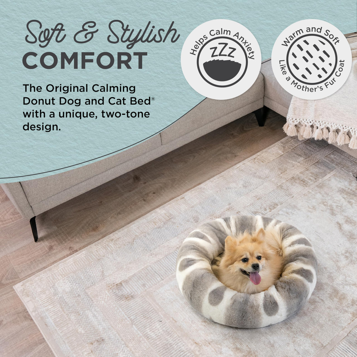 Best Friends by Sheri Patterned Lux Faux Fur Calming Donut Dog Bed, Gray, Small, 23x23