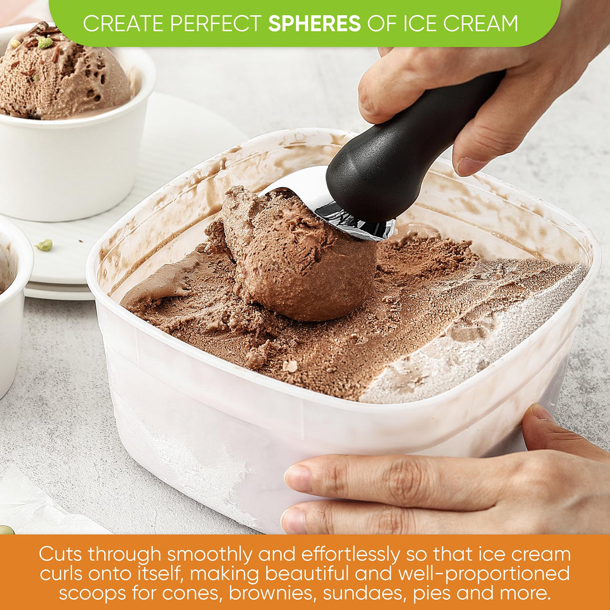Heavy Duty Ice Cream Scoop with Comfortable Handle - Professional Ice Cream Scooper for Gelato, Sorbet, Cookie Dough, Melon, Frozen Yogurt - Dishwasher Safe Metal Kitchen Tool - Black