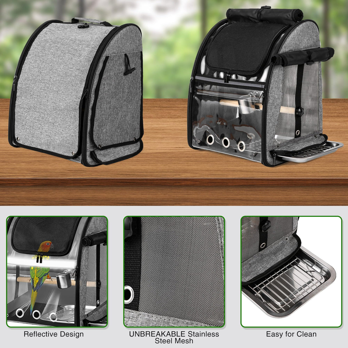 SUERTREE Bird Carrier Bag with Indestructible Stainless Steel Mesh, Bird Travel Cage with Stand, Easy to Clean Backpack for Parrot, Portable Bird Travel Bag, Grey