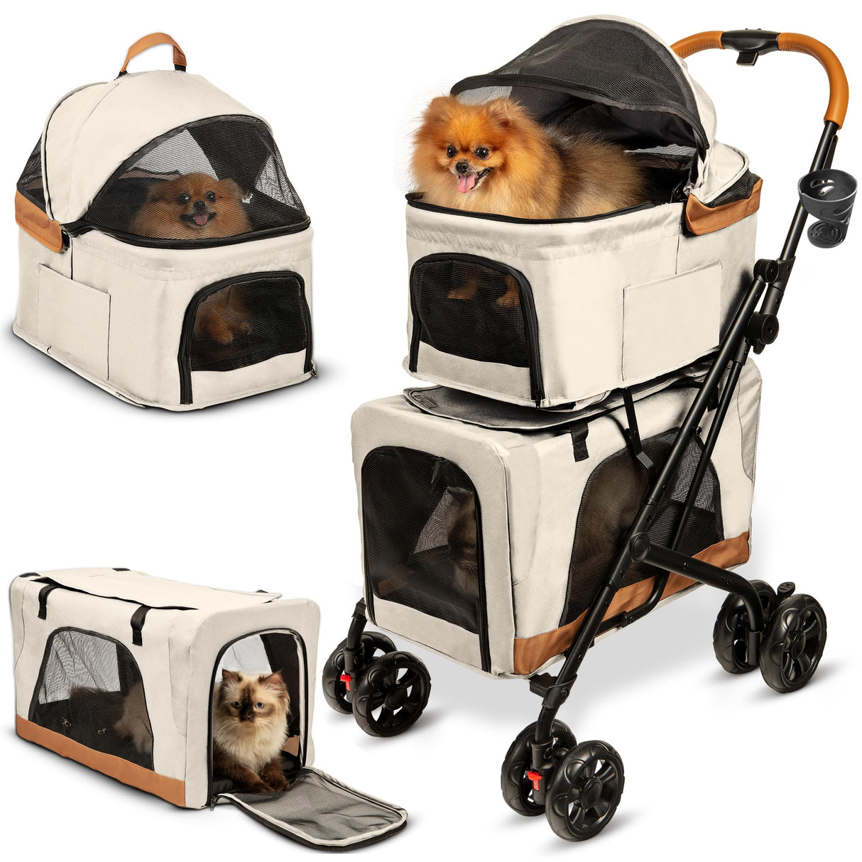 Double Pet Stroller with Detachable Carriers - Ideal for 2 Dogs or Cats - Compact & Convenient Design - Easy Assembly Double Dog Stroller - Cosmic Beige