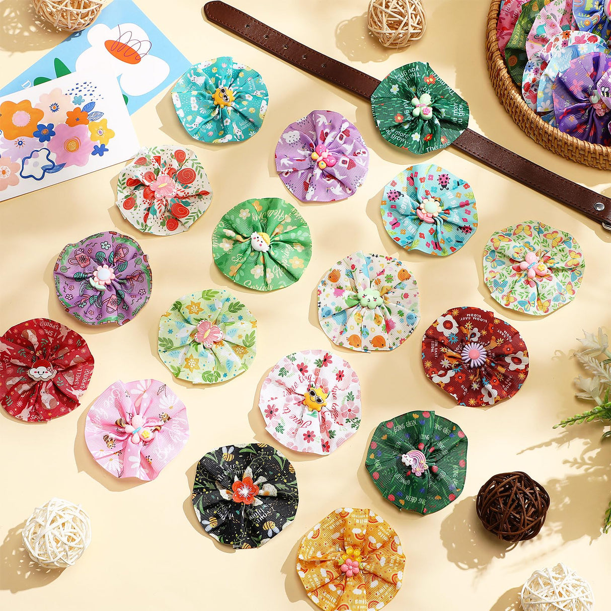 Sweetude 100 Pcs Spring Dog Collar Flowers Bulk Dog Bow Ties Bulk Pet Flower Charms Holiday Puppy Bow Ties Grooming Accessories for Small Medium Large Dogs and Cats(Flower Style)