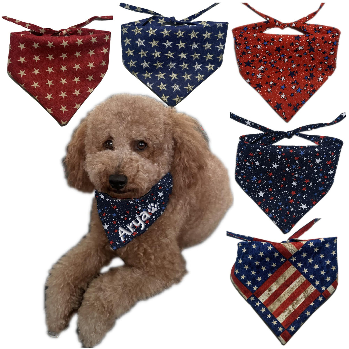 Personalized Dog-Flag-4th of July-Red/Patriotic Personalized Dog Bandana, Triangle Bibs Kerchief, Stars Stripes Dog Bandana/American Flag USA/in Loving Memory (Navy with White/red Stars)