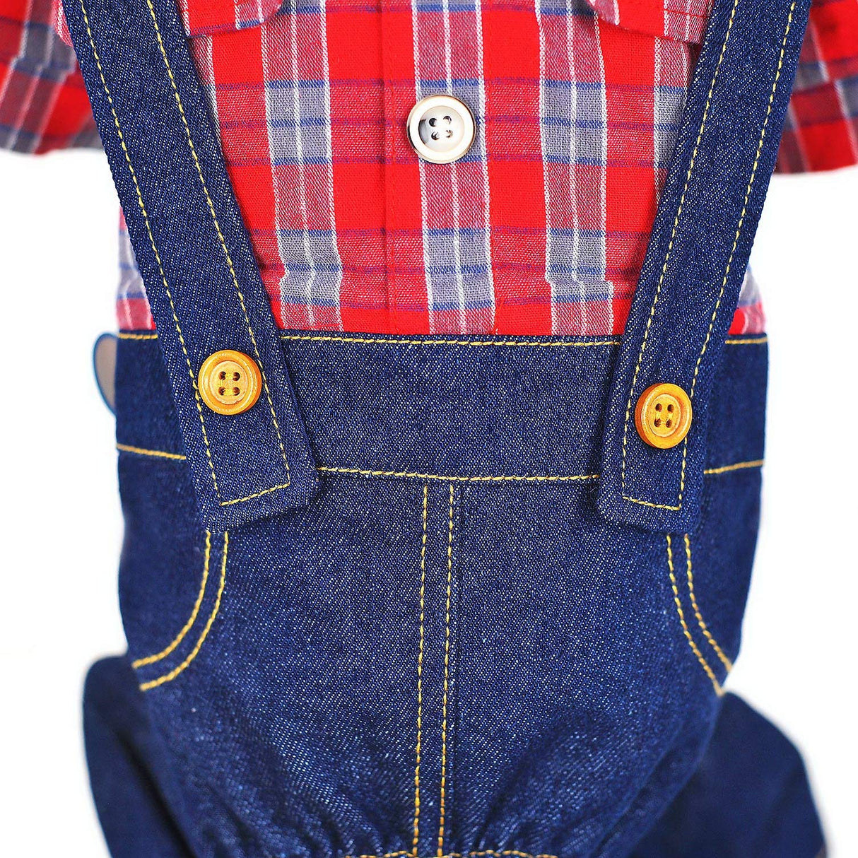 SMALLLEE_LUCKY_STORE Pet Clothes Costume Puppy Denim Overalls for Small Medium Dogs Cats Boys Bowtie Plaid Shirt Jeans Pants Outfits Chihuahua One Piece Jumpsuit,Red S