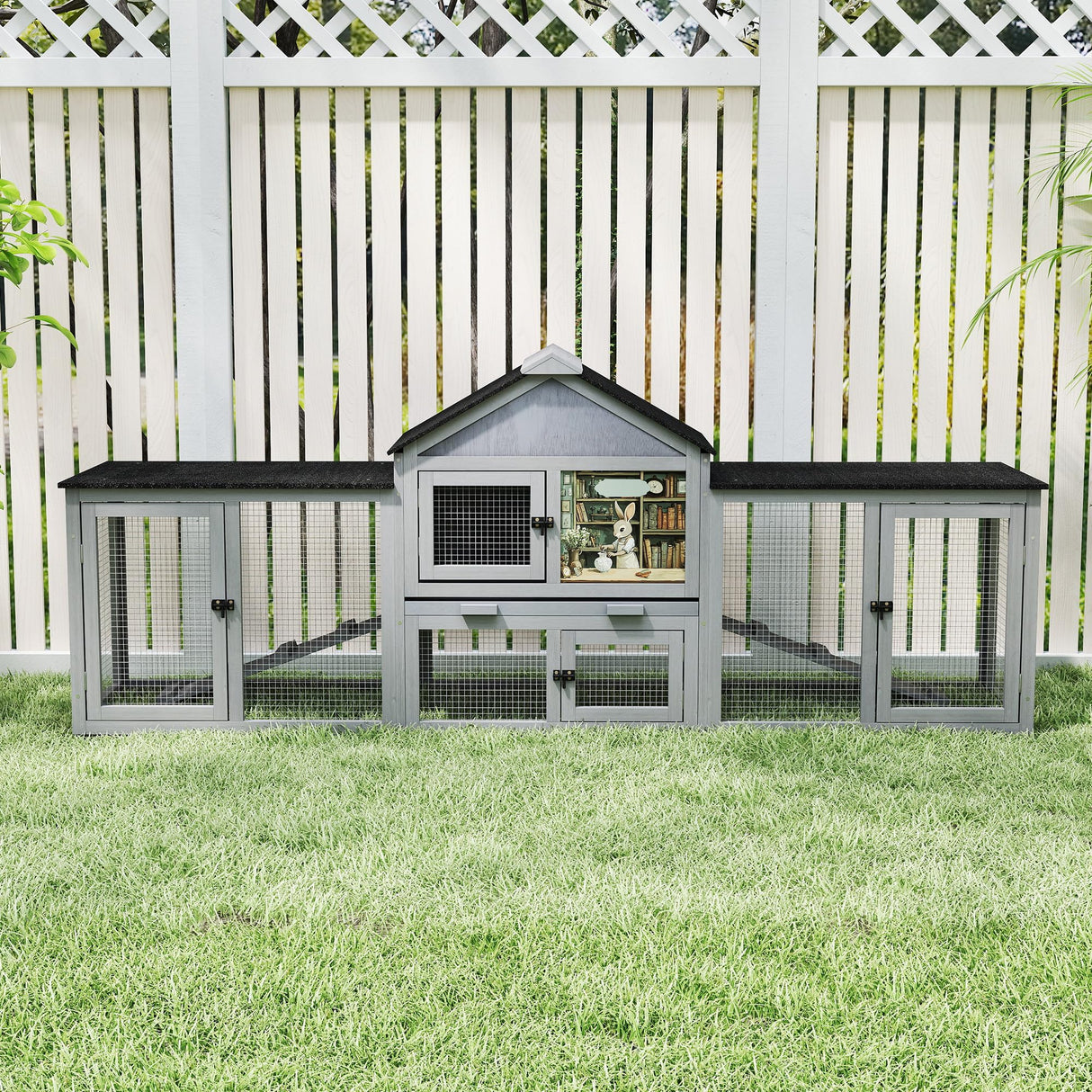 COZIWOW 82inches Extra Large Wood Rabbit Hutch Outdoor Easy to Assemble and Stable Bunny Cage Indoor with Cleaning Tray & Waterproof Roof for Small and Medium Bunny Rabbit Chick(Grey with Pattern)