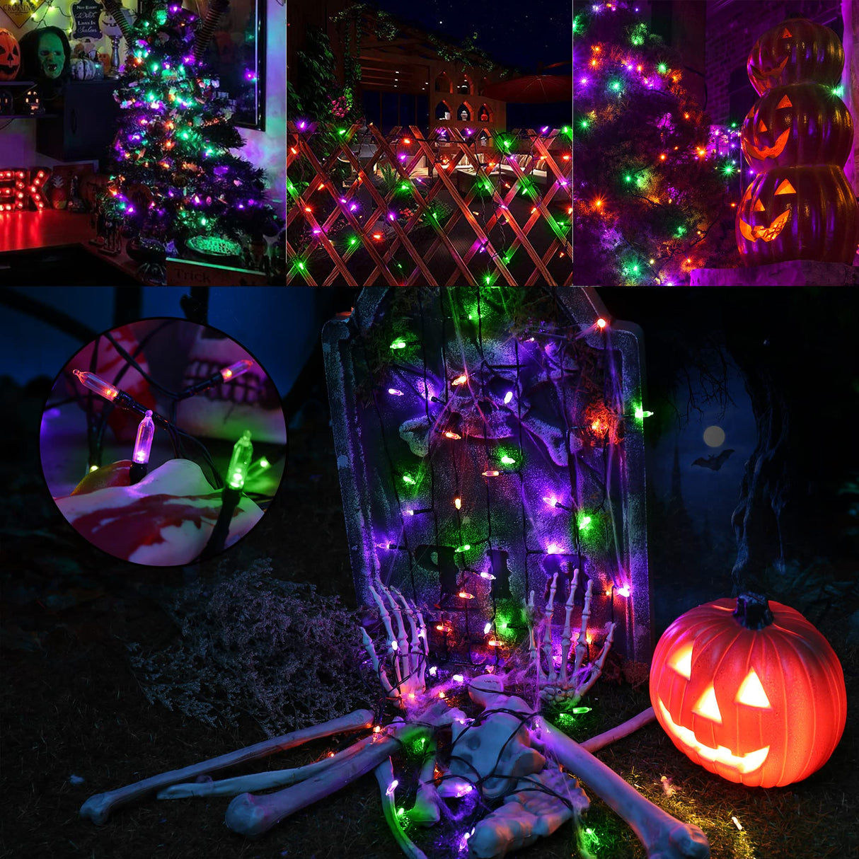 Halloween String Lights,33ft 100 LED Halloween Decorative Lights with 8 Modes & Timer, Waterproof Battery Indoor Mini Lights Orange String Lights for Halloween Decorations(Orange & Purple & Green)