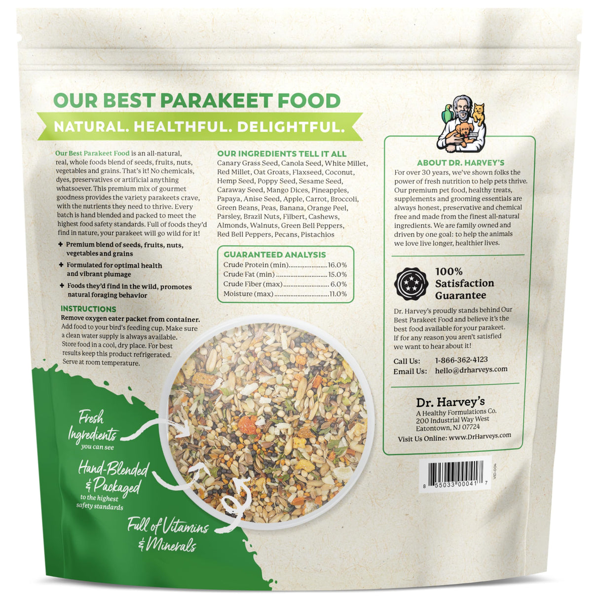 Dr. Harvey's Our Best Parakeet Food, Wholesome Seeds, Nuts, Fruits, and Vegetable Bird Feed for Budgies and Parakeets (4 Pounds/1.81 kg)