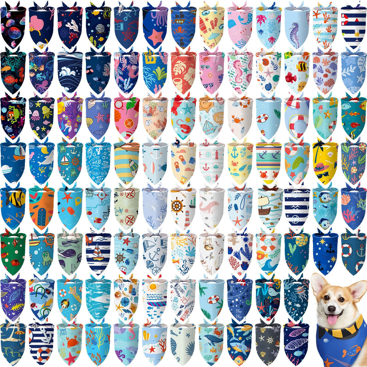 Huhumy 150 Pcs Ocean Dog Bandanas Bulk Summer Pet Bibs Triangle Ocean Themed Pet Scarf Bandanas for Medium Large Dogs Birthday Summer Beach Costume Decoration