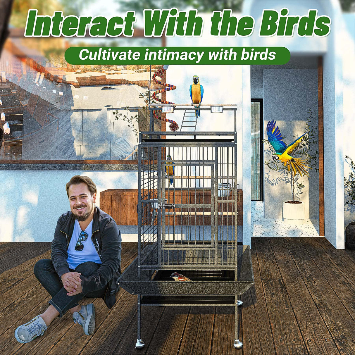 82 Inch Bird Cage, BOINN Bird Flight Cages with Rolling Stand & Bottom Tray, Wrought Iron Parrot Cage with PlayTop for Parakeet, Lovebirds, Ringneck, Cockatiels