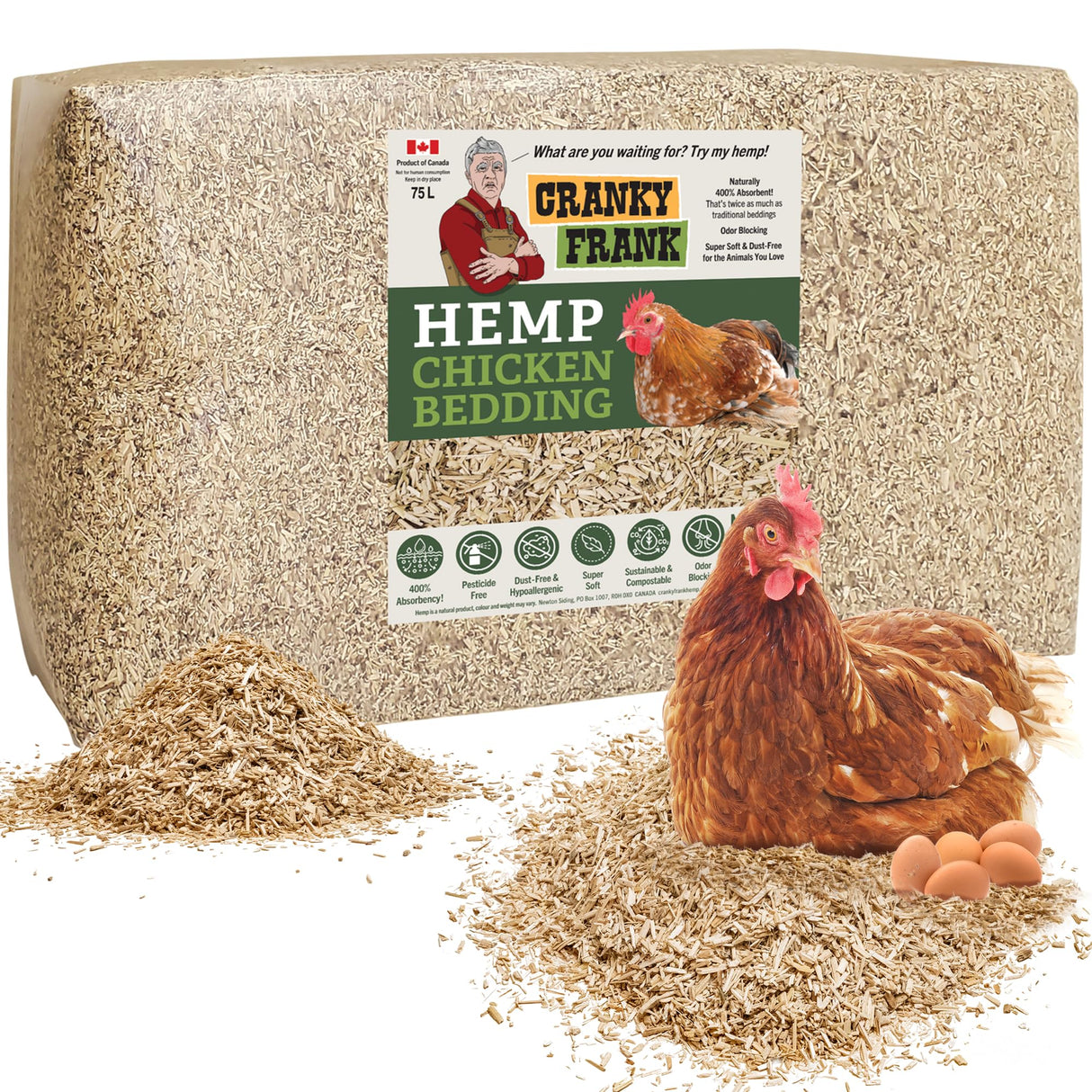 Cranky Frank Hemp Chicken Bedding 115 Usable Liters, 30 LB - All Natural, Dust-Free, Odor-Controlled Coop Bedding for Chickens and Pets - Super Absorbent, Low Waste & Eco-Friendly