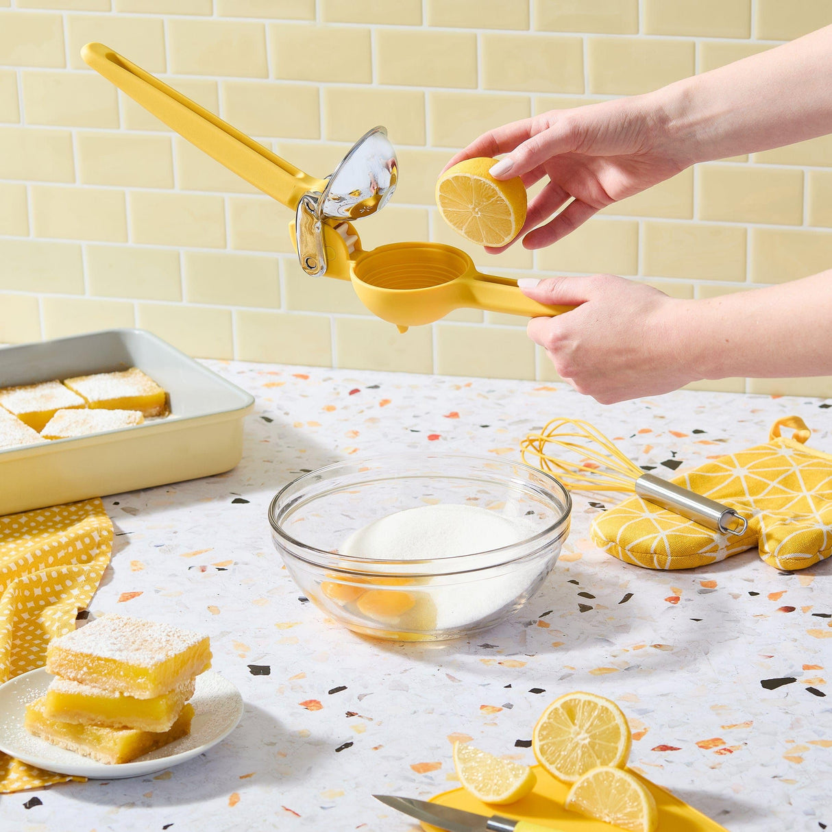 FreshForce Lemon Squeezer Citrus Juicer, Manual Hand Press with Dual-Gear Power for Maximum Juice Extraction, Durable, Yellow