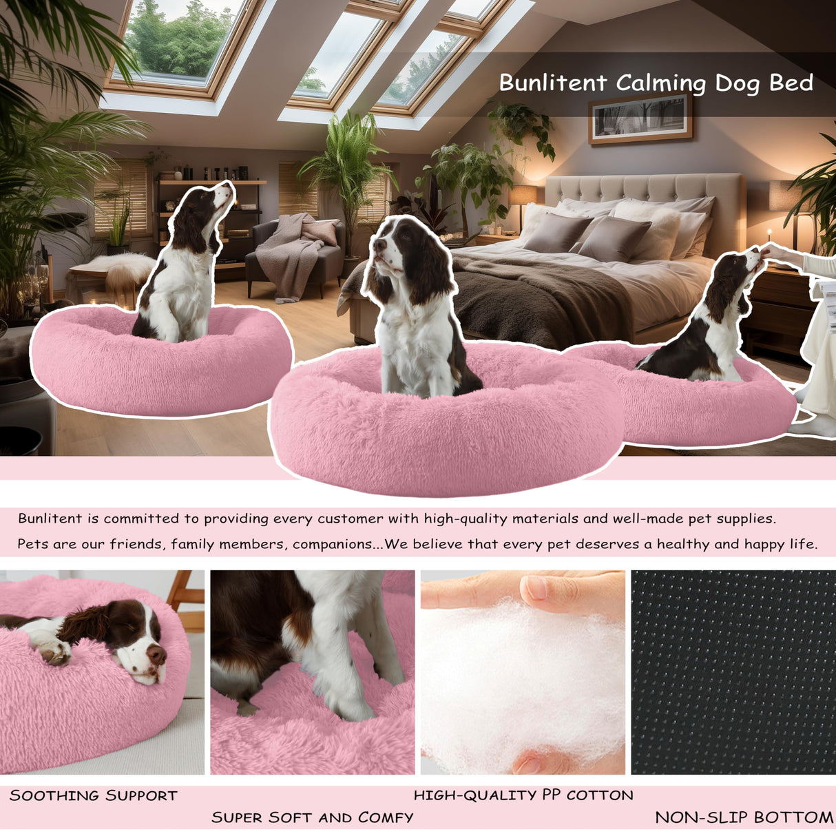Bunlitent 23'' inch Calming Dog Bed, Anti-Anxiety Donut Small Dog Bed, Warming Cozy Soft Cute Round Washable, Marshmallow Cuddler Nest Puppy Dogs and Cats Bed, Pink