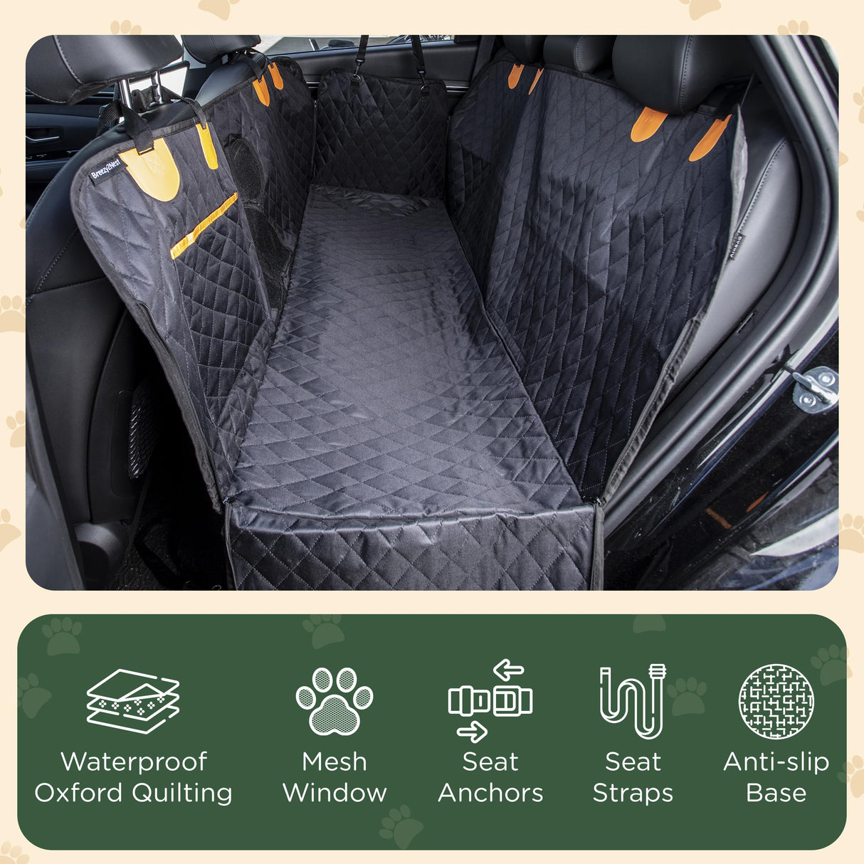 Breezy2Nest Pet Seat Cover for Back Seat – Waterproof Backseat Cover for Dogs in Car with Mesh Window, Oxford Fabric, Storage Pocket, Side Flaps & Carry Handles
