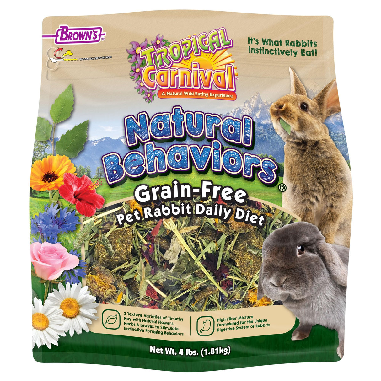 Tropical Carnival Natural Behaviors Grain-Free Rabbit Food – 4 pounds, High-Fiber Timothy Hay Blend with Natural Flowers & Herbs, Supports Digestive & Emotional Health, No Artificial Additives