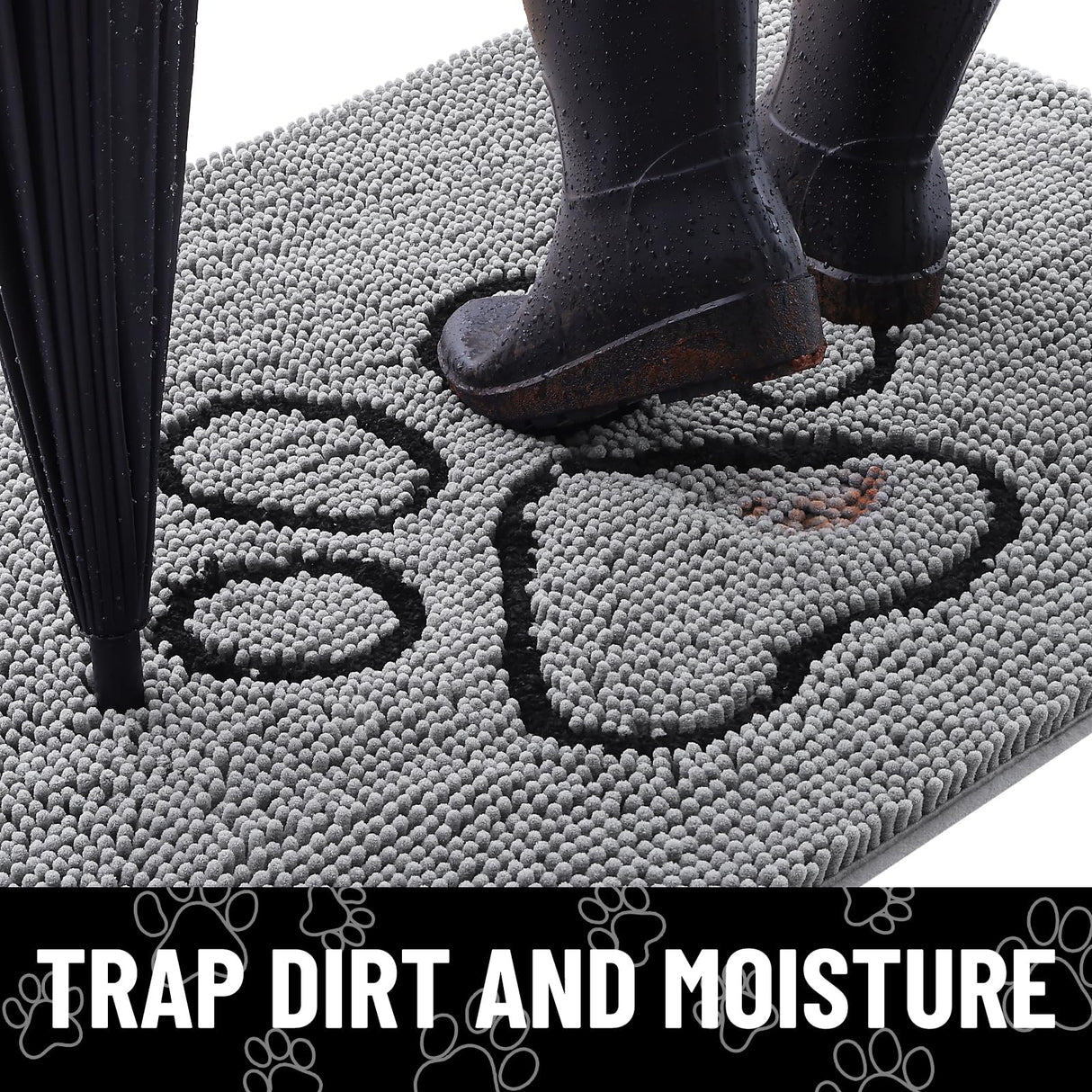 Smiry Dog Door Mat for Muddy Paws, Absorbent Dirt Trapper Non Slip Quick Dry Washable Chenille Mat for Mud Dogs, Entry Rug for Indoor and Outdoor (48x30 Inches, Grey and Black)