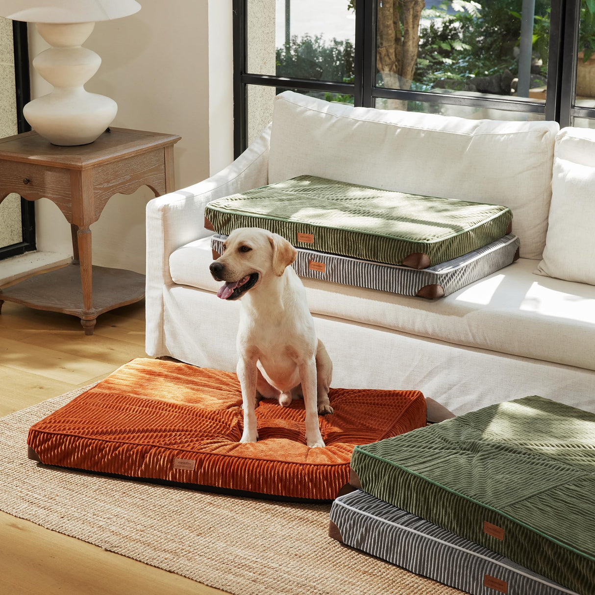 FUKUMARU Dog Bed, Thickened Corduroy Orthopedic Dog Beds with Washable Cover, Large Waterproof Dogs Bed for Crate, 28D Egg Crate Foam Support Pet Mat, Cozy Pet Bed Pad with Anti-Slip Bottom, Orange