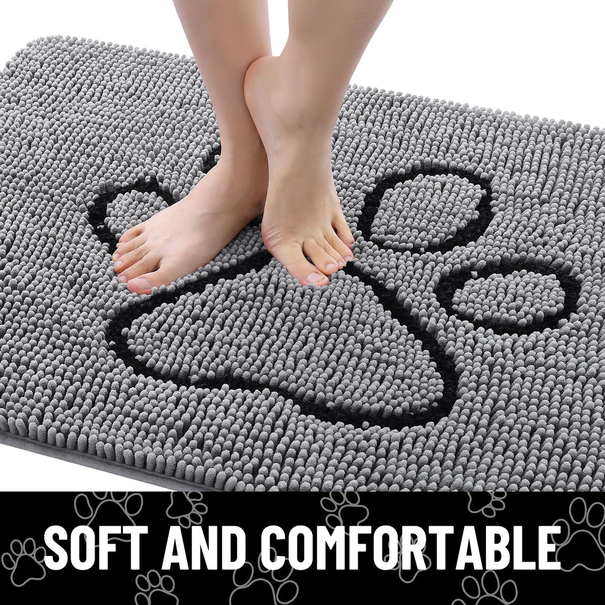 Smiry Dog Door Mat for Muddy Paws, Absorbent Dirt Trapper Non Slip Quick Dry Washable Chenille Mat for Mud Dogs, Entry Rug for Indoor and Outdoor (48x30 Inches, Grey and Black)