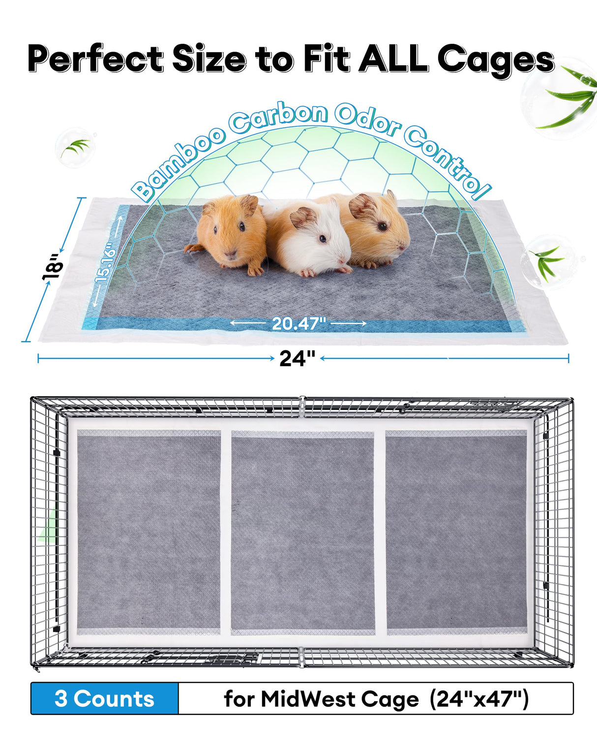 BUCATSTATE 50 Count Disposable Guinea Pig Cage Liners, Super Absorbent Guinea Pig Bedding, Bamboo Charcoal Odor Control Pee Pads for Rabbits, Ferrets and Small Animals (18''x24'')