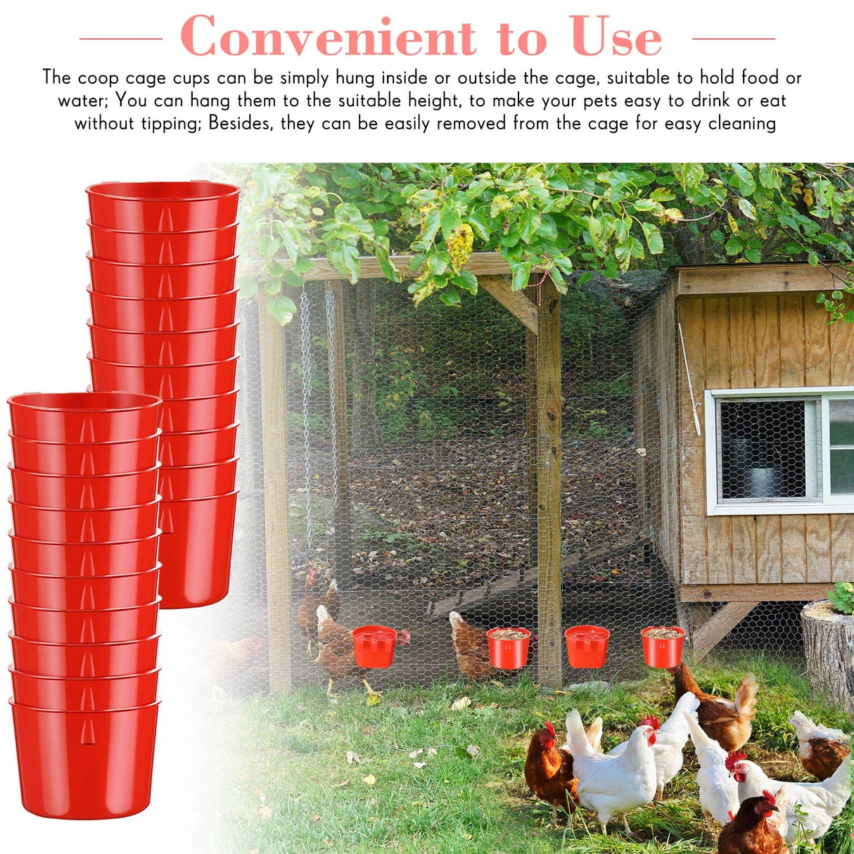 Sumind 60 Pcs Cage Cups Chicken Feeder Birds Hanging Feeders Seed Bowl 8 oz Plastic Water Bowl Hanging Chicken Gamefowl Waterer Feeding Watering Dish Coop Cups for Parrot Parakeet Poultry(Red)