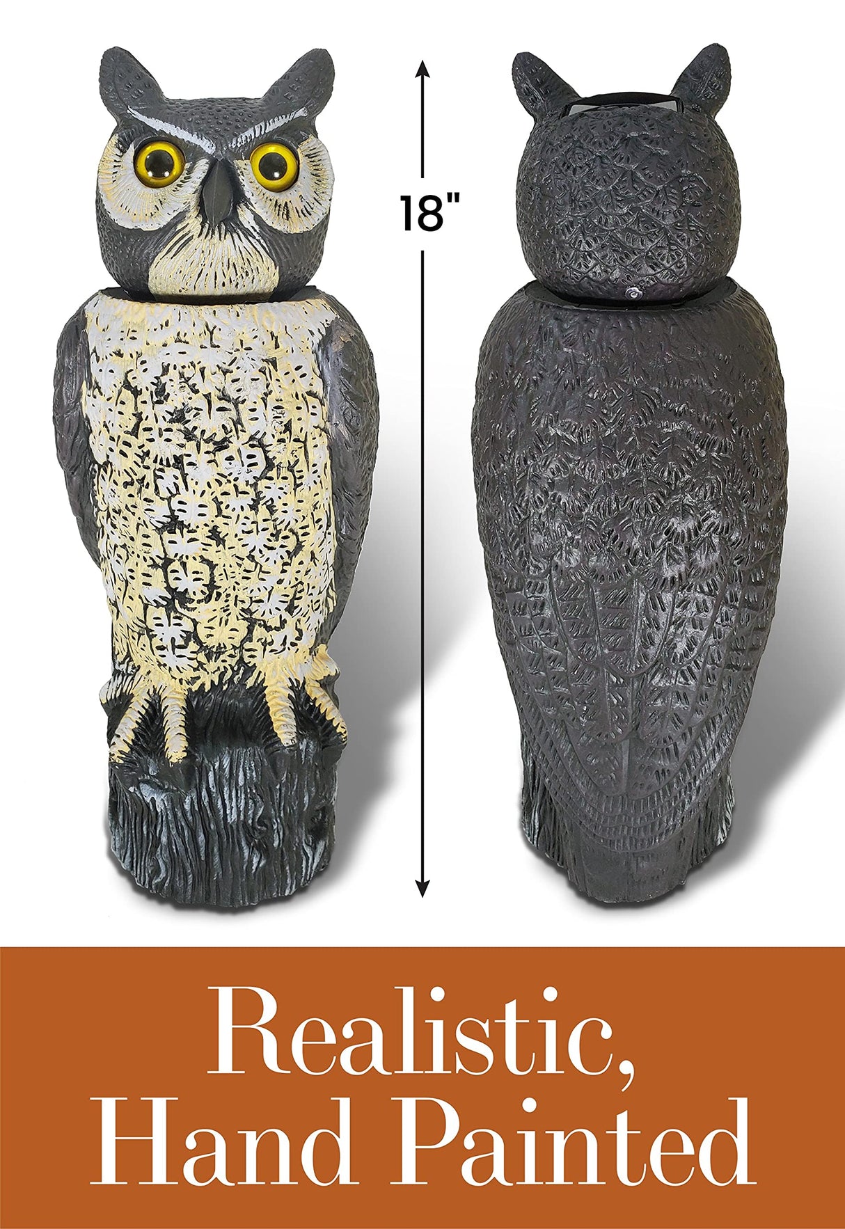Dalen SOL-R Action Solar Fake Owl Decoy to Scare Birds Away from Gardens, Rooftops, and Patios - Safe and Humane, 18" 360º Rotating Head