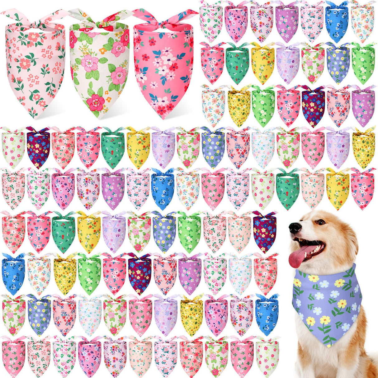 Jeere 200 Pcs Spring Dog Bandanas Bulk Floral Dog Bandanas for Dogs Triangle Kerchief Bibs Scarf Set for Pet Costume Photo Props Accessories Pet Shops Adoption Events, 25 Styles(25.6 x 17.7 x 17.7)