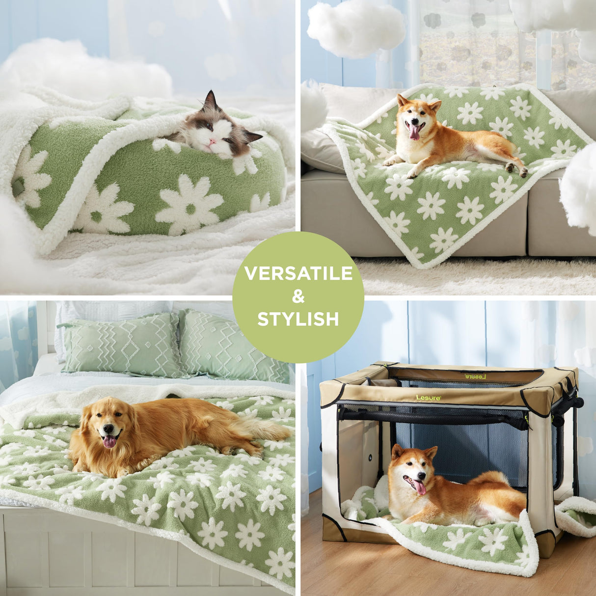LE SURE Waterproof Dog Blanket for Medium Dogs - Washable Double Sided Dog Blankets with Warm Jacquard Shag and Soft Sherpa Fleece, Pet Cat Blanket for Couch Protection, 3D Textured Cloud, Green