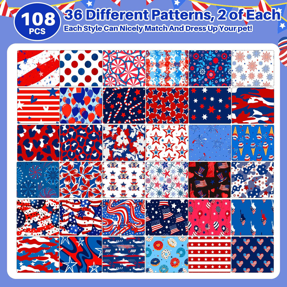 Shyyween 108 Pcs 4th of July Dog Bandanas Bulk Patriotic Bandanas for Dog Independence Day Pet Scarf Bibs Soft Triangle Flag Neckerchief Adjustable Washable Holiday Scarf for Pet Costume Accessories