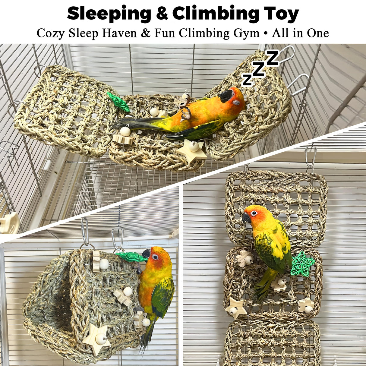 Jevnd Seagrass Handwoven Bird Bed for Cage, DIY Parakeet Nest & Climbing Ladder, Breathable Bird Hammock Tent with Chewable Toys, Cozy Parrot Sleeping Hut for Small Medium Birds Like budgies Lovebirds