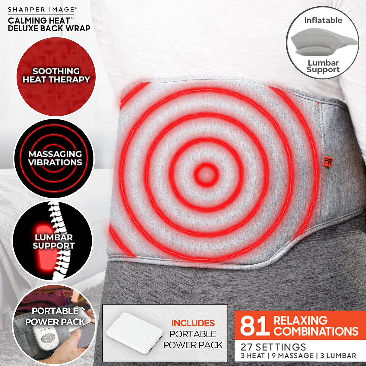 Calming Heat Back Wrap by Sharper Image- Cordless Electric Back Heating Pad, Inflatable Lumbar, Soothing Heat & Vibration- 27 Settings 3 Heat, 9 Vibration, 3 Lumbar Includes Portable Power Pack