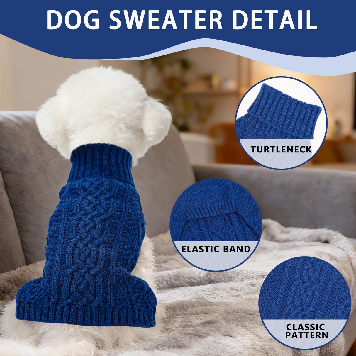 Dog Sweaters Small Dog Clothes Winter Turtleneck Puppy Sweater Warm Pet Cat Sweater Doggy Pullover Outfit with Twisted Design XS~XL(Navy Blue, X-Large)