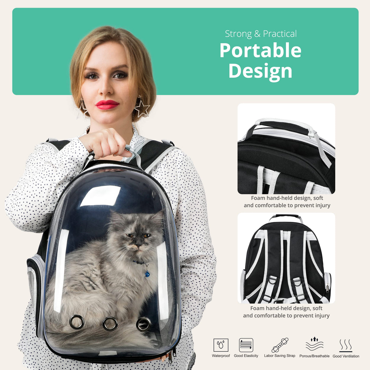 Cat Backpack Carrier with Collapsable Dog Bowl, Cat Collar & Interactive Cat Toy (4 Pcs Set)- Airline Approved Cat Carrier Bag for Medium Dogs & Cats, Animal Carrier Backpacks, Pet Backpack |Black