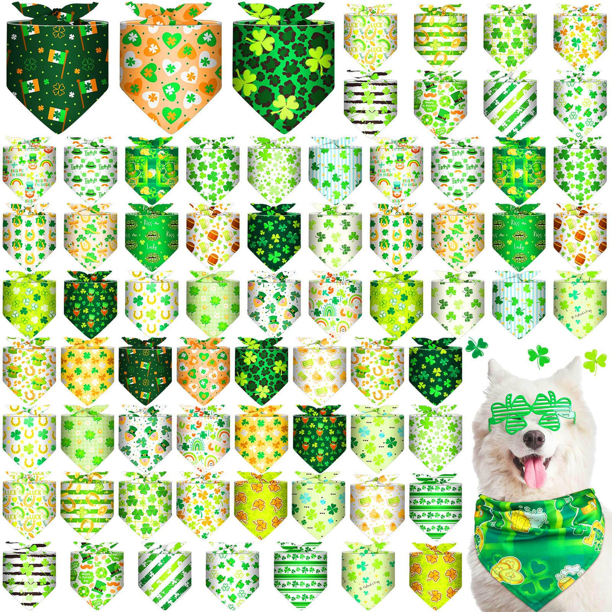 Bulyoou 72 Pcs St Patrick's Dog Bandanas Bulk Shamrock Bandanas for Dog Adjustable Washable Pet Triangle Scarf Soft Kerchief Bib for St Patrick's Holiday Pet Costume Accessories