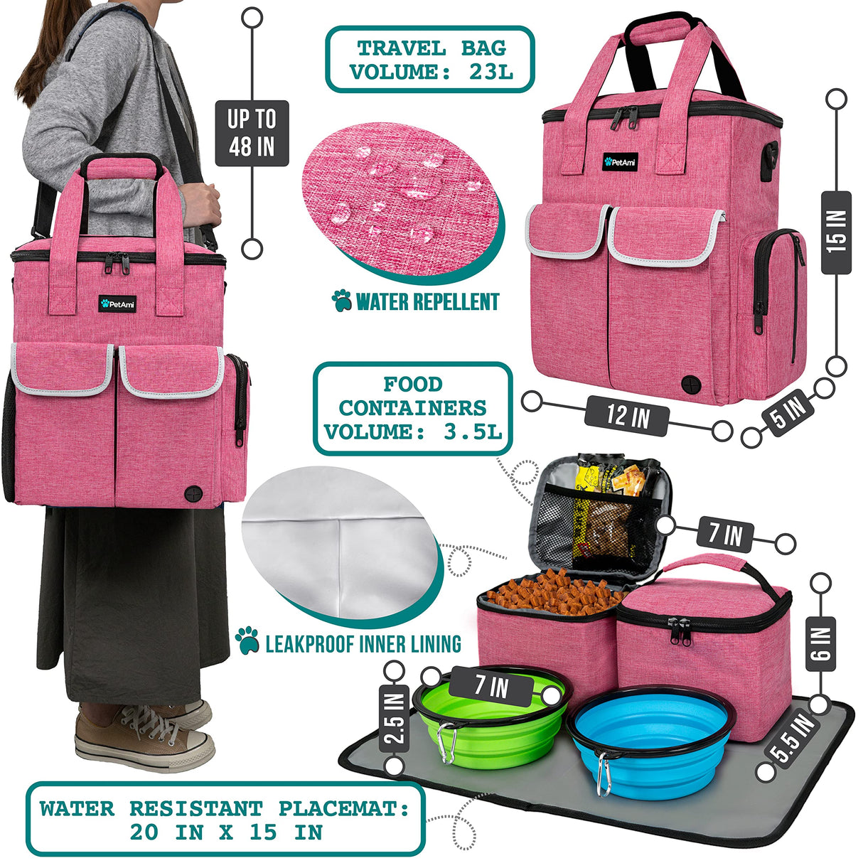 PetAmi Dog Travel Bag Pet Supplies Accessories Organizer for Traveling, Camping, Weekend; Cat Pet Travel Bag Kit Includes 2 Food Storage Containers, 2 Collapsible Bowls, 1 Feeding Mat (Pink)