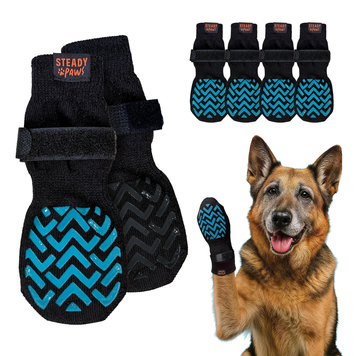 Steady Paws Anti-Slip Socks for Dogs - Breathable & Washable Non Slip Grippy Socks, Rubberized Paw & Adjustable Strap, Secure Fit to Prevent Slipping, Paw Protection for Senior Dogs, 4 Pack (Size XL)