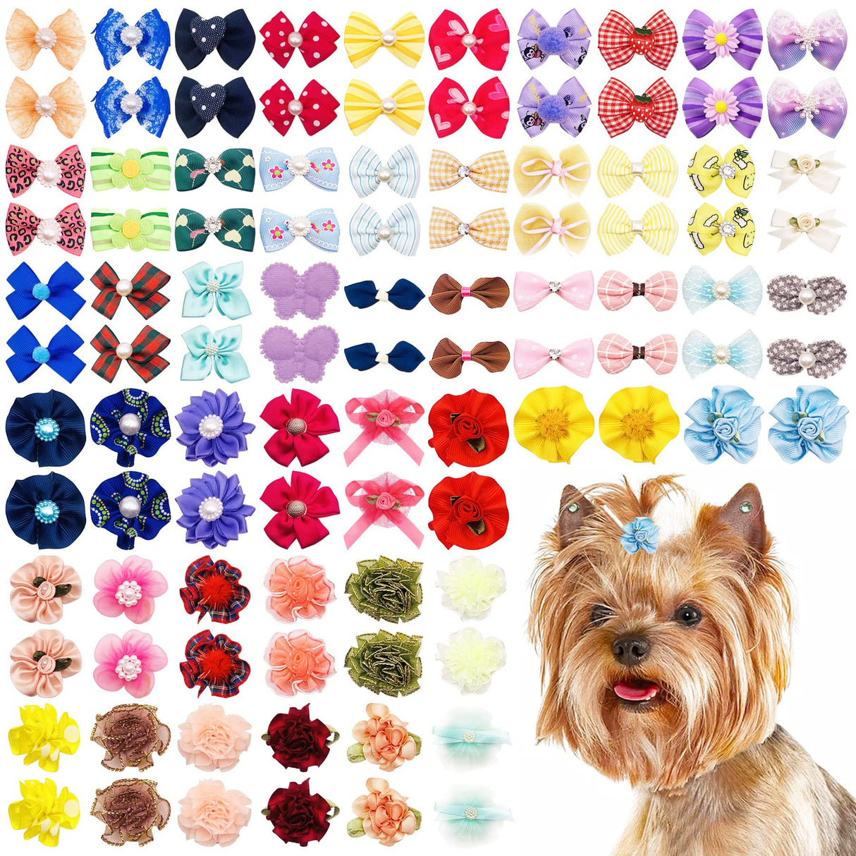 JpGdn 100pcs/50pairs Dog Hair Bows Grooming Bulk with Rubber Bands in Mixed Colors Radom Pattern Toknot Bowknot Elastic for Small Medium Doggy Puppy Yorkie Shih Girl Femal HairAccessories