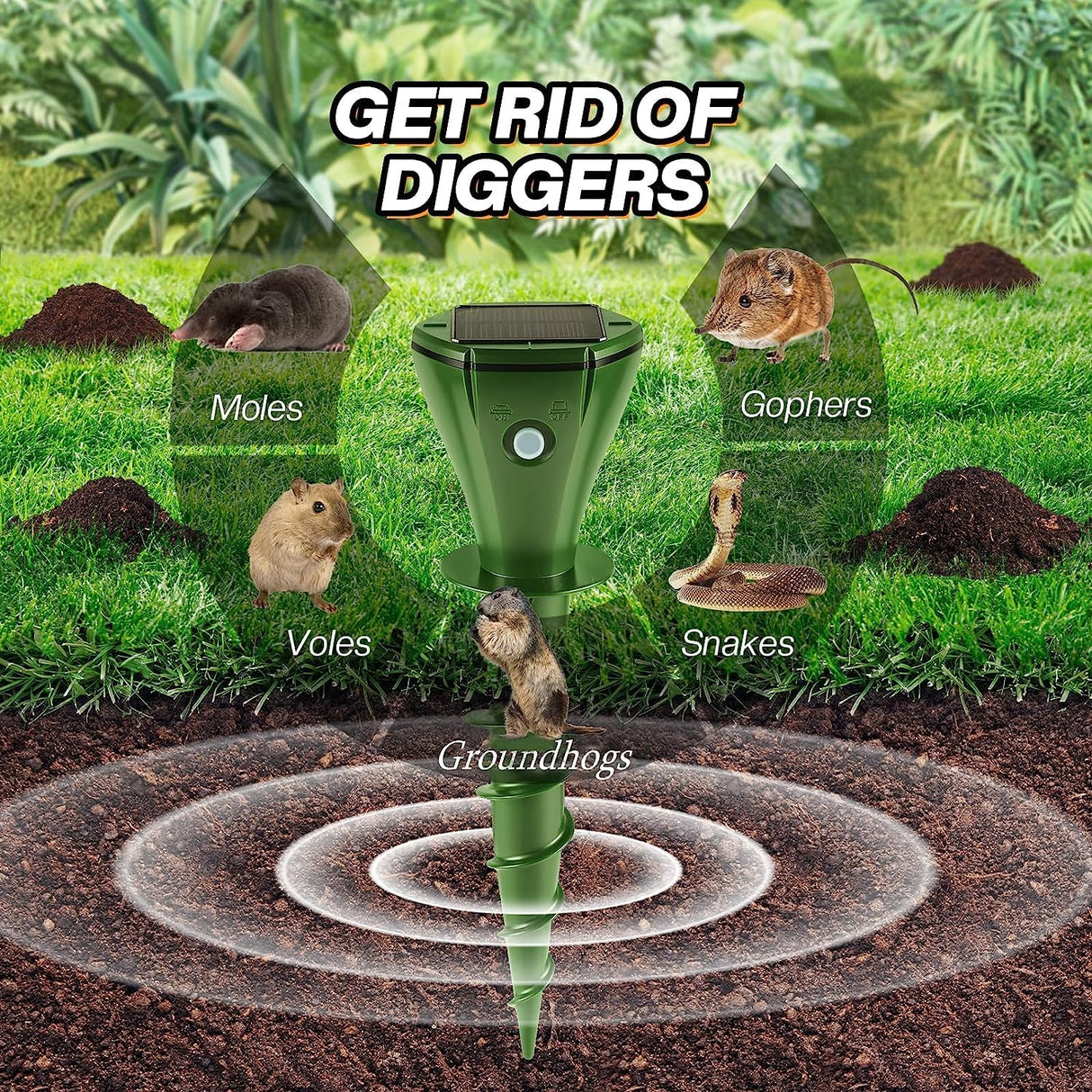 Mole Repellent Solar Powered, Sonic Mole Repellent Mole Trap for Lawns, Screw Gopher Snake Groundhog Vole Trap Outdoor with 3 Vibration Modes Anti-Adapt, Quiet, Chemical Free Mole Stakes,8pcs