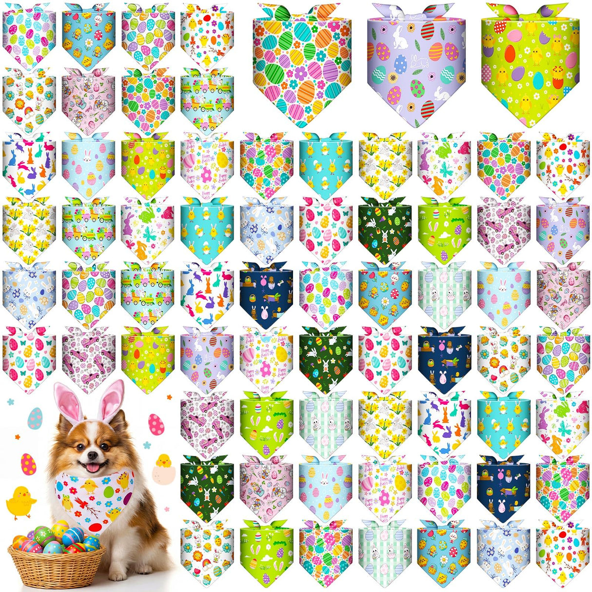 Hillban 72 Pcs Easter Day Dog Bandanas Bulk Dogs Bandanas Easter Day Pet Scarf Soft Bunny Egg Pattern Dogs Triangle Scarfs Colorful Chicks Bandana Spring Dog Scarf, Small and Medium Pet