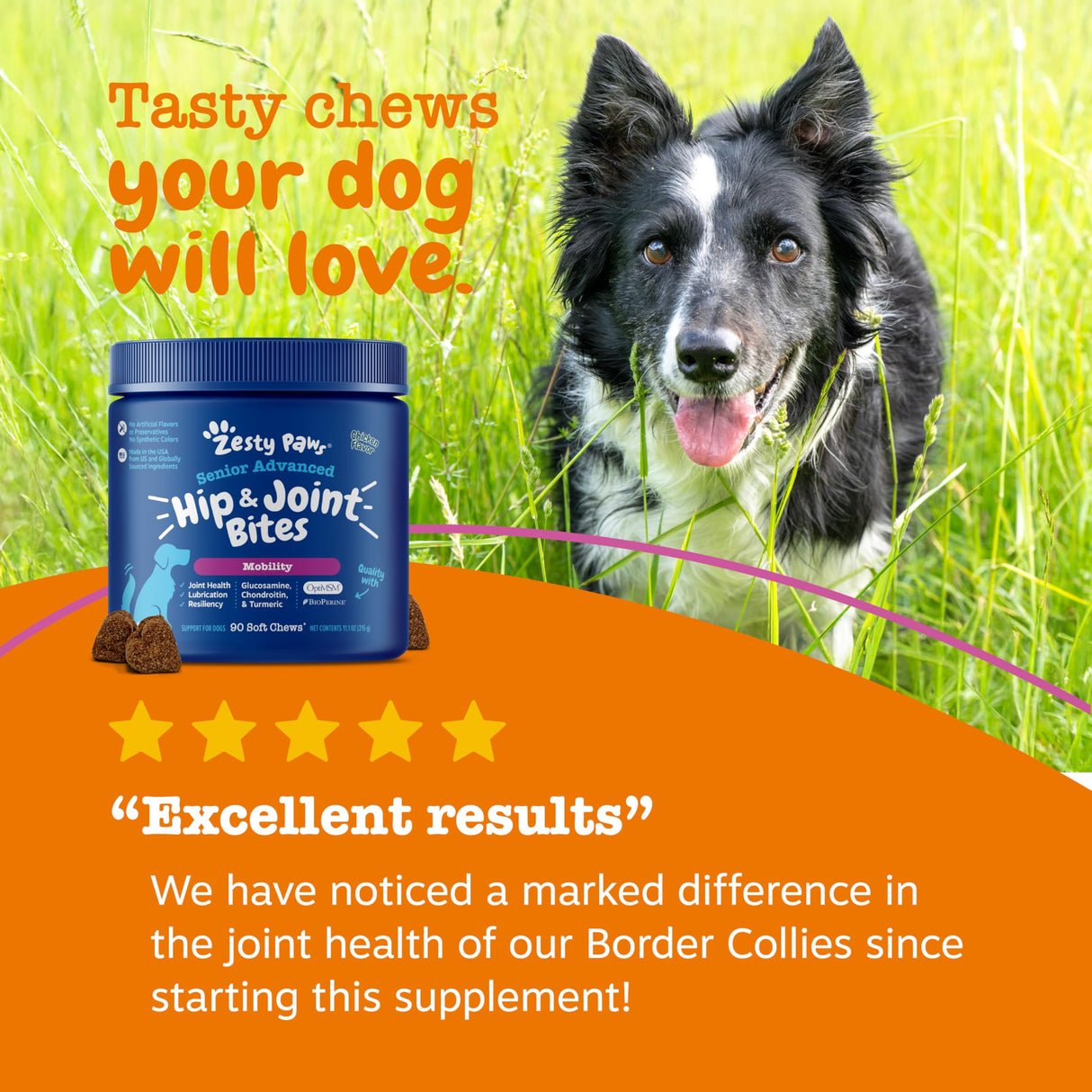 Zesty Paws Mobility Bites Joint Supplement for Dogs - Soft Chews with Glucosamine for Dogs, Chondroitin, & MSM + Vitamins C and E - Adv Chicken - 90 Count