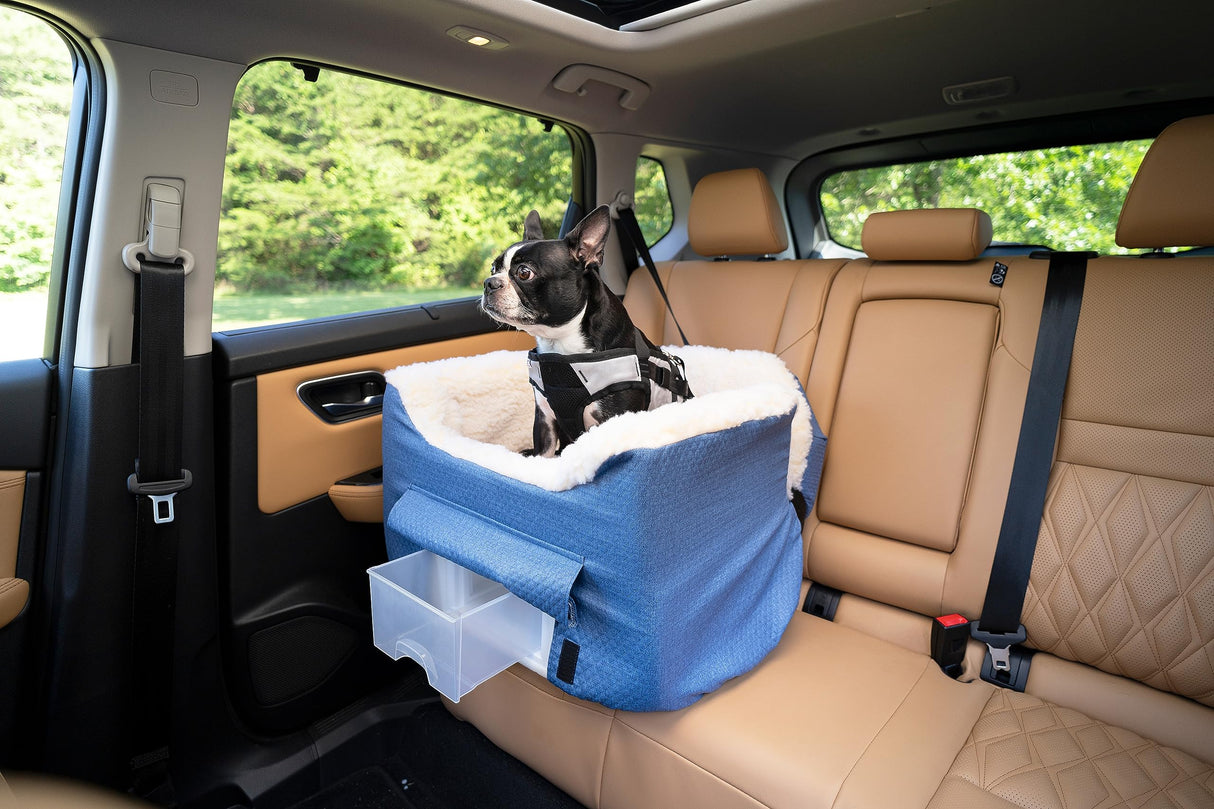 Snoozer Dog Car Seat with Storage Tray: Lookout II Dog Booster Car Seat for Pets up to 25lbs, Helps Alleviate Travel Sickness & Fear for Dogs, Removable Washable Cover – Denim Diamond, Size Medium