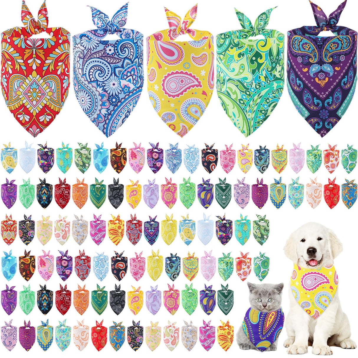 Sanwuta 100 Pcs Paisley Dog Bandana Bulk Pet Triangle Scarf Bibs Bandanas for Dogs Washable Puppy Kerchief Adjustable Grooming Supplies for Small Medium Large Seasonal Cat Costume Accessories