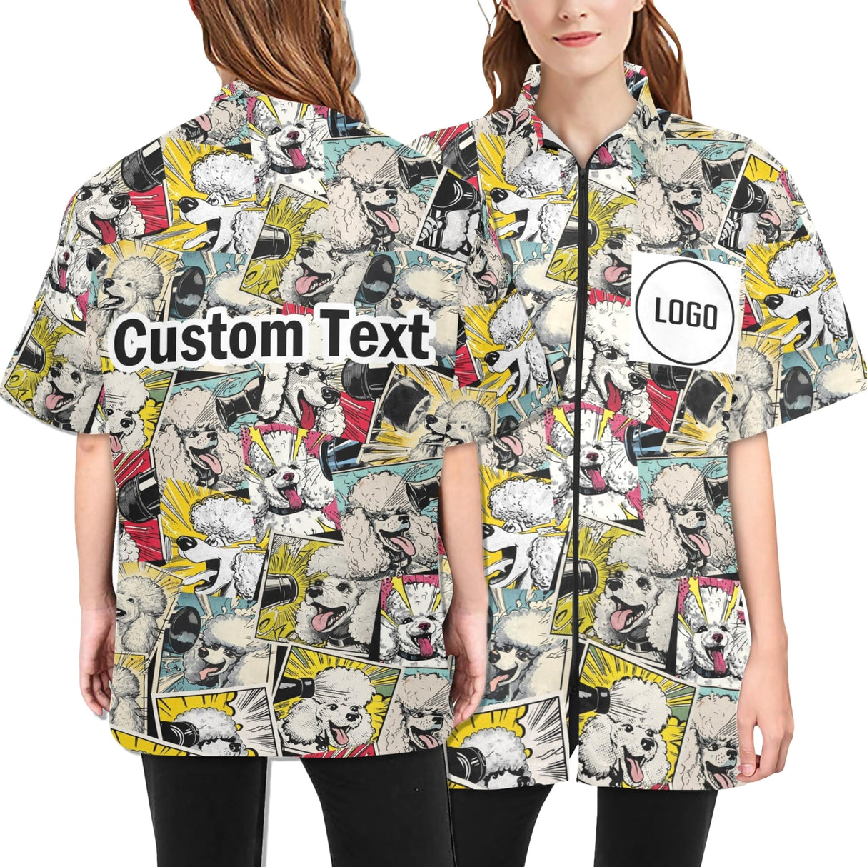 COWSROCK Custom Dog Grooming Smock with Cute Puppy Print – Waterproof, Hair-Resistant Jacket with Logo and Name, Full-Zip Uniform with Pockets for Groomers, Vets, and Pet Salons