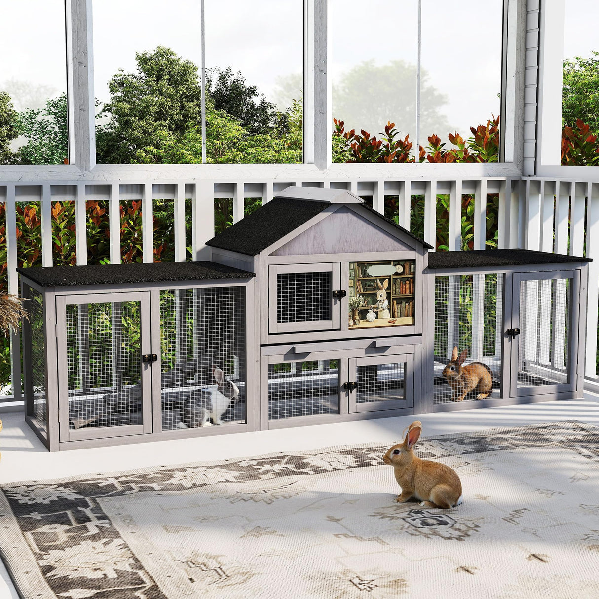 COZIWOW 82inches Extra Large Wood Rabbit Hutch Outdoor Easy to Assemble and Stable Bunny Cage Indoor with Cleaning Tray & Waterproof Roof for Small and Medium Bunny Rabbit Chick(Grey with Pattern)