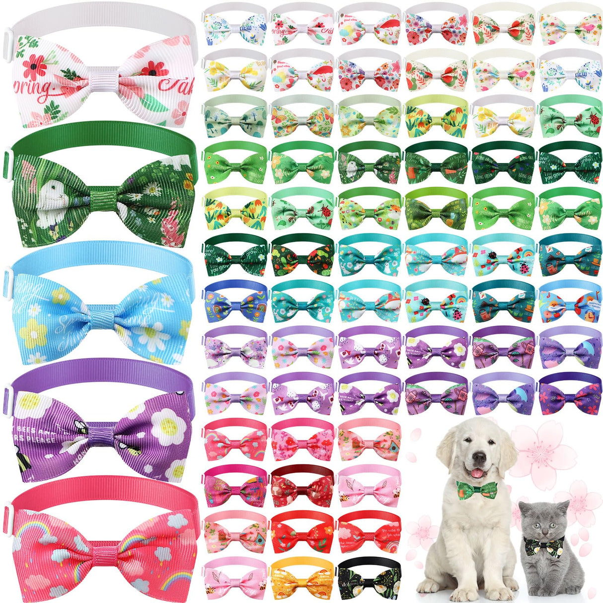 Silkfly 100 Pcs Dog Bow Ties Bulk Adjustable Pet Bowtie Collar Bows Holiday Dog Bowknot for Small Medium Pet Costume Grooming Supplies(Spring Pattern)